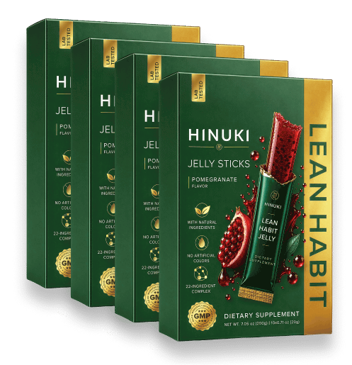 Lot de 4 packs Hinuki — quatre boîtes vertes de sticks de gelée Lean Habit, le plus populaire