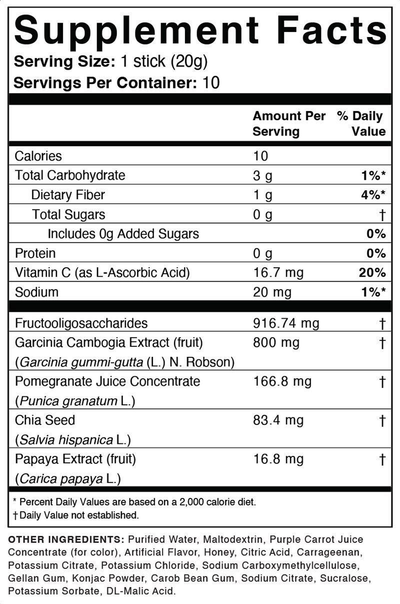 Étiquette des valeurs nutritionnelles du stick de gelée Hinuki montrant calories, fibres et ingrédients